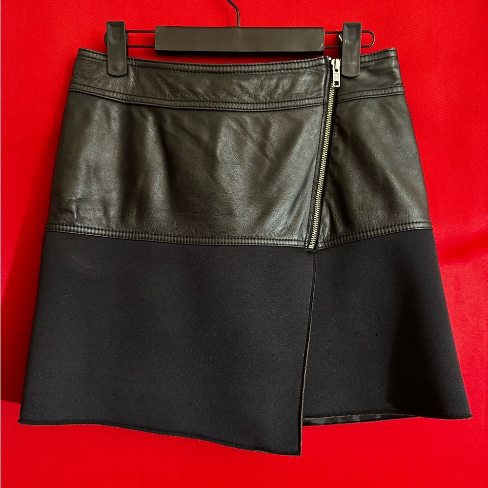 #336-💋HALOGEN 100%Leather(top)/Poly(bottom) Elegant Black Women's Mini Skirt 0 - Picture 3 of 7